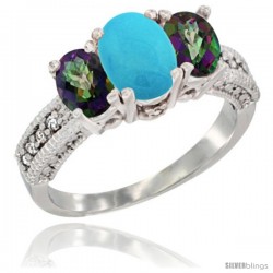 10K White Gold Ladies Oval Natural Turquoise 3-Stone Ring with Mystic Topaz Sides Diamond Accent