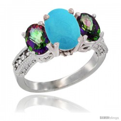 10K White Gold Ladies Natural Turquoise Oval 3 Stone Ring with Mystic Topaz Sides Diamond Accent