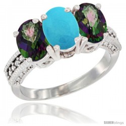 10K White Gold Natural Turquoise & Mystic Topaz Sides Ring 3-Stone Oval 7x5 mm Diamond Accent