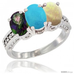 10K White Gold Natural Mystic Topaz, Turquoise & Opal Ring 3-Stone Oval 7x5 mm Diamond Accent