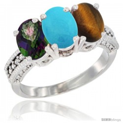 10K White Gold Natural Mystic Topaz, Turquoise & Tiger Eye Ring 3-Stone Oval 7x5 mm Diamond Accent