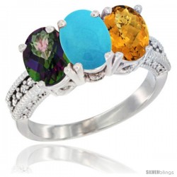 10K White Gold Natural Mystic Topaz, Turquoise & Whisky Quartz Ring 3-Stone Oval 7x5 mm Diamond Accent