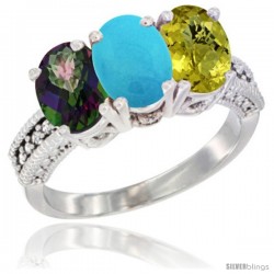 10K White Gold Natural Mystic Topaz, Turquoise & Lemon Quartz Ring 3-Stone Oval 7x5 mm Diamond Accent