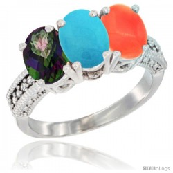 10K White Gold Natural Mystic Topaz, Turquoise & Coral Ring 3-Stone Oval 7x5 mm Diamond Accent