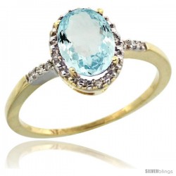 10k Yellow Gold Diamond Aquamarine Ring 1.17 ct Oval Stone 8x6 mm, 3/8 in wide