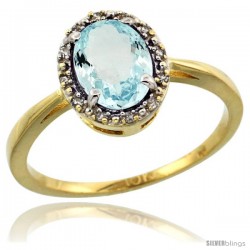 10k Yellow Gold Diamond Halo Aquamarine Ring 1.2 ct Oval Stone 8x6 mm, 1/2 in wide