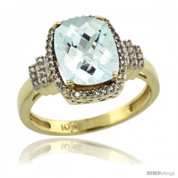 10k Yellow Gold Diamond Halo Aquamarine Ring 2.4 ct Cushion Cut 9x7 mm, 1/2 in wide