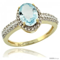 10k Yellow Gold Diamond Halo Aquamarine Ring 1.2 ct Oval Stone 8x6 mm, 3/8 in wide