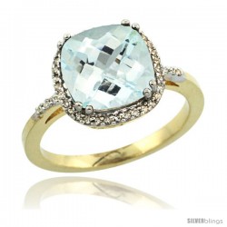 10k Yellow Gold Diamond Aquamarine Ring 3.05 ct Cushion Cut 9x9 mm, 1/2 in wide