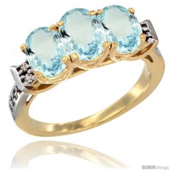 10K Yellow Gold Natural Aquamarine Ring 3-Stone Oval 7x5 mm Diamond Accent