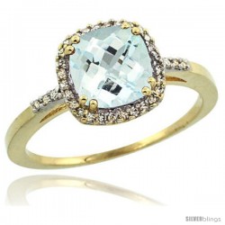 10k Yellow Gold Diamond Aquamarine Ring 1.5 ct Checkerboard Cut Cushion Shape 7 mm, 3/8 in wide