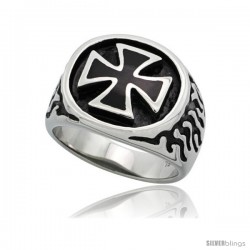 Surgical Steel Biker Ring Maltese Cross with Flames 11/16 in long