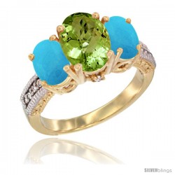 14K Yellow Gold Ladies 3-Stone Oval Natural Peridot Ring with Turquoise Sides Diamond Accent