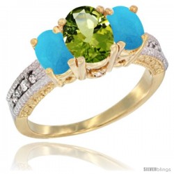 14k Yellow Gold Ladies Oval Natural Peridot 3-Stone Ring with Turquoise Sides Diamond Accent