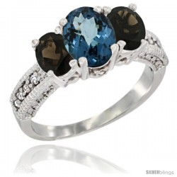 14k White Gold Ladies Oval Natural London Blue Topaz 3-Stone Ring with Smoky Topaz Sides Diamond Accent