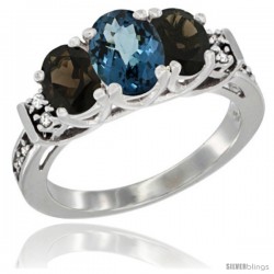 14K White Gold Natural London Blue Topaz & Smoky Topaz Ring 3-Stone Oval with Diamond Accent