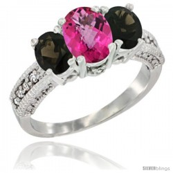 14k White Gold Ladies Oval Natural Pink Topaz 3-Stone Ring with Smoky Topaz Sides Diamond Accent