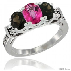 14K White Gold Natural Pink Topaz & Smoky Topaz Ring 3-Stone Oval with Diamond Accent