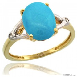 14k Yellow Gold Diamond Sleeping Beauty Turquoise Ring 2.4 ct Oval Stone 10x8 mm, 3/8 in wide