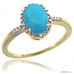 14k Yellow Gold Diamond Sleeping Beauty Turquoise Ring 1.17 ct Oval Stone 8x6 mm, 3/8 in wide