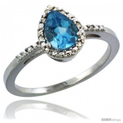 10k White Gold Diamond Swiss Blue Topaz Ring 0.59 ct Tear Drop 7x5 Stone 3/8 in wide