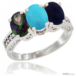 10K White Gold Natural Mystic Topaz, Turquoise & Lapis Ring 3-Stone Oval 7x5 mm Diamond Accent