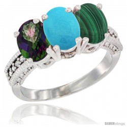 10K White Gold Natural Mystic Topaz, Turquoise & Malachite Ring 3-Stone Oval 7x5 mm Diamond Accent