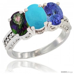 10K White Gold Natural Mystic Topaz, Turquoise & Tanzanite Ring 3-Stone Oval 7x5 mm Diamond Accent