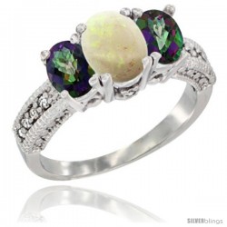 10K White Gold Ladies Oval Natural Opal 3-Stone Ring with Mystic Topaz Sides Diamond Accent