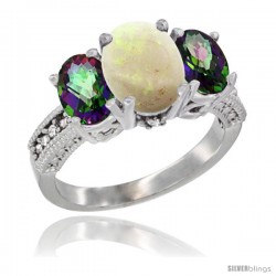 10K White Gold Ladies Natural Opal Oval 3 Stone Ring with Mystic Topaz Sides Diamond Accent