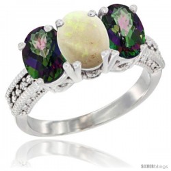 10K White Gold Natural Opal & Mystic Topaz Sides Ring 3-Stone Oval 7x5 mm Diamond Accent