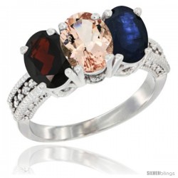 14K White Gold Natural Garnet, Morganite & Blue Sapphire Ring 3-Stone 7x5 mm Oval Diamond Accent