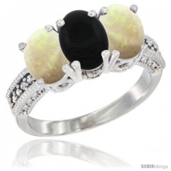 14K White Gold Natural Black Onyx & Opal Sides Ring 3-Stone 7x5 mm Oval Diamond Accent