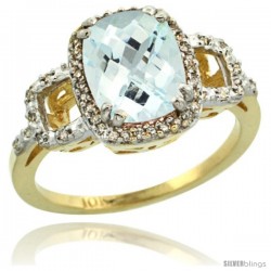 10k Yellow Gold Diamond Aquamarine Ring 2 ct Checkerboard Cut Cushion Shape 9x7 mm, 1/2 in wide