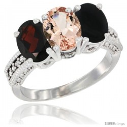 14K White Gold Natural Garnet, Morganite & Black Onyx Ring 3-Stone 7x5 mm Oval Diamond Accent