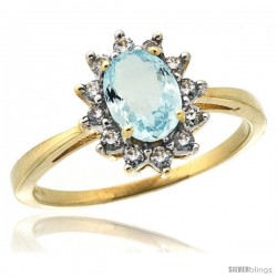 10k Yellow Gold Diamond Halo Aquamarine Ring 0.85 ct Oval Stone 7x5 mm, 1/2 in wide