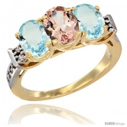 10K Yellow Gold Natural Morganite & Aquamarine Sides Ring 3-Stone Oval 7x5 mm Diamond Accent