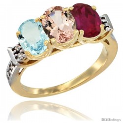 10K Yellow Gold Natural Aquamarine, Morganite & Ruby Ring 3-Stone Oval 7x5 mm Diamond Accent