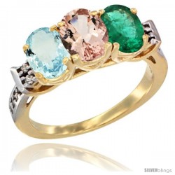 10K Yellow Gold Natural Aquamarine, Morganite & Emerald Ring 3-Stone Oval 7x5 mm Diamond Accent