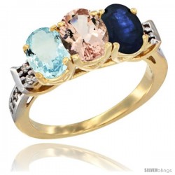 10K Yellow Gold Natural Aquamarine, Morganite & Blue Sapphire Ring 3-Stone Oval 7x5 mm Diamond Accent