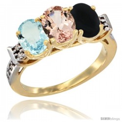 10K Yellow Gold Natural Aquamarine, Morganite & Black Onyx Ring 3-Stone Oval 7x5 mm Diamond Accent