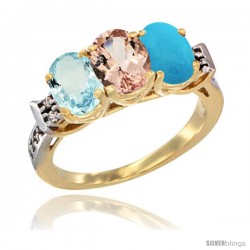 10K Yellow Gold Natural Aquamarine, Morganite & Turquoise Ring 3-Stone Oval 7x5 mm Diamond Accent