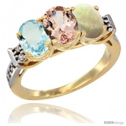 10K Yellow Gold Natural Aquamarine, Morganite & Opal Ring 3-Stone Oval 7x5 mm Diamond Accent