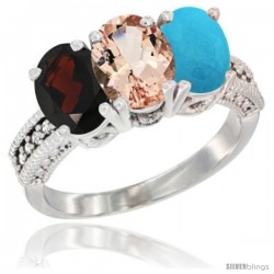 14K White Gold Natural Garnet, Morganite & Turquoise Ring 3-Stone 7x5 mm Oval Diamond Accent