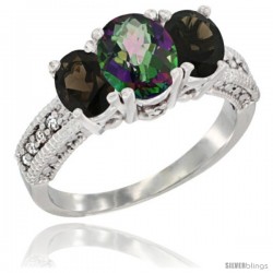 14k White Gold Ladies Oval Natural Mystic Topaz 3-Stone Ring with Smoky Topaz Sides Diamond Accent