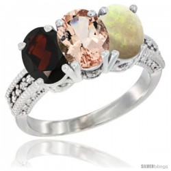 14K White Gold Natural Garnet, Morganite & Opal Ring 3-Stone 7x5 mm Oval Diamond Accent