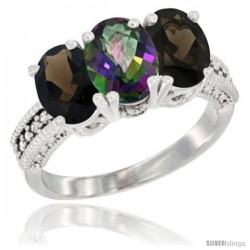 14K White Gold Natural Mystic Topaz & Smoky Topaz Ring 3-Stone 7x5 mm Oval Diamond Accent