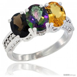 14K White Gold Natural Smoky Topaz, Mystic Topaz & Citrine Ring 3-Stone 7x5 mm Oval Diamond Accent