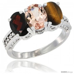 14K White Gold Natural Garnet, Morganite & Tiger Eye Ring 3-Stone 7x5 mm Oval Diamond Accent