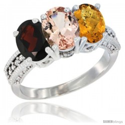 14K White Gold Natural Garnet, Morganite & Whisky Quartz Ring 3-Stone 7x5 mm Oval Diamond Accent